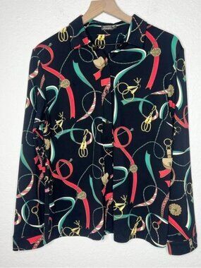 J McLaughlin Betty Catalina Button Up Shirt Equestrian Print Black